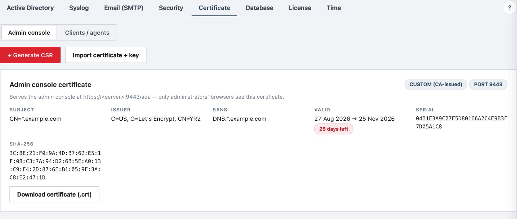 Settings → Certificate, Admin console section.