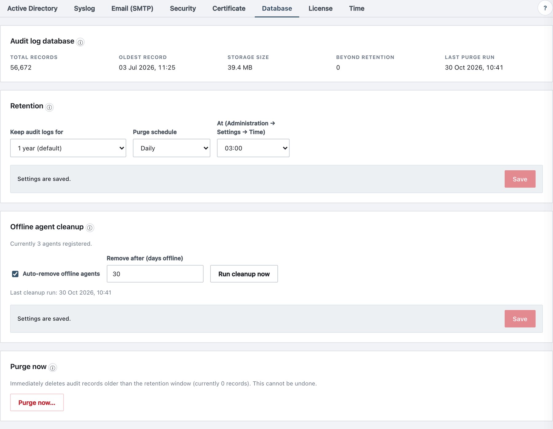 Settings → Database: audit storage, retention and cleanup.