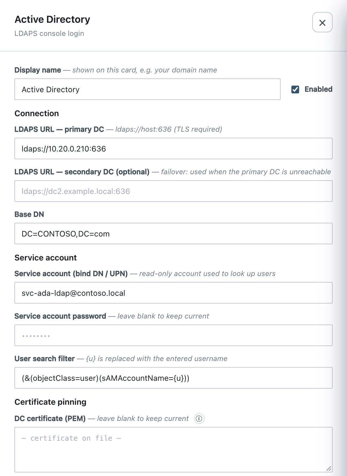 Directory drawer: connection, service account and certificate pinning.