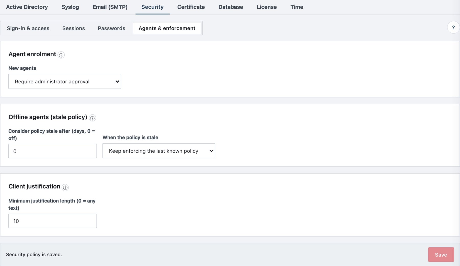 Settings → Security → Agents & enforcement.