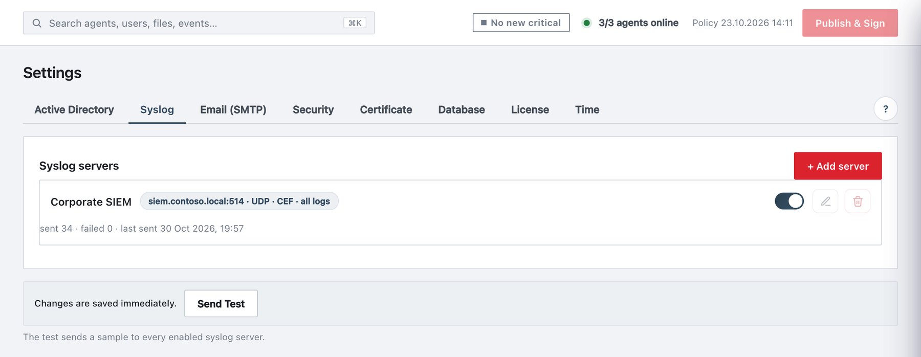 Settings → Syslog with delivery counters.