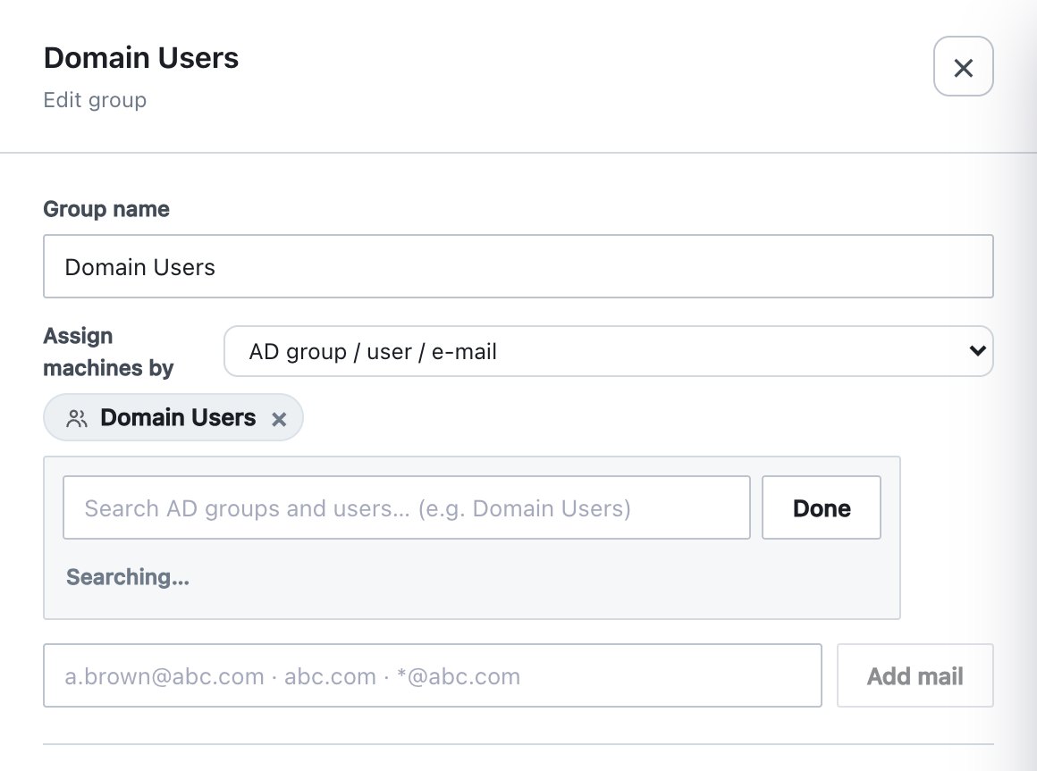 The AD picker: search AD groups and users, or add an e-mail address, domain or wildcard.