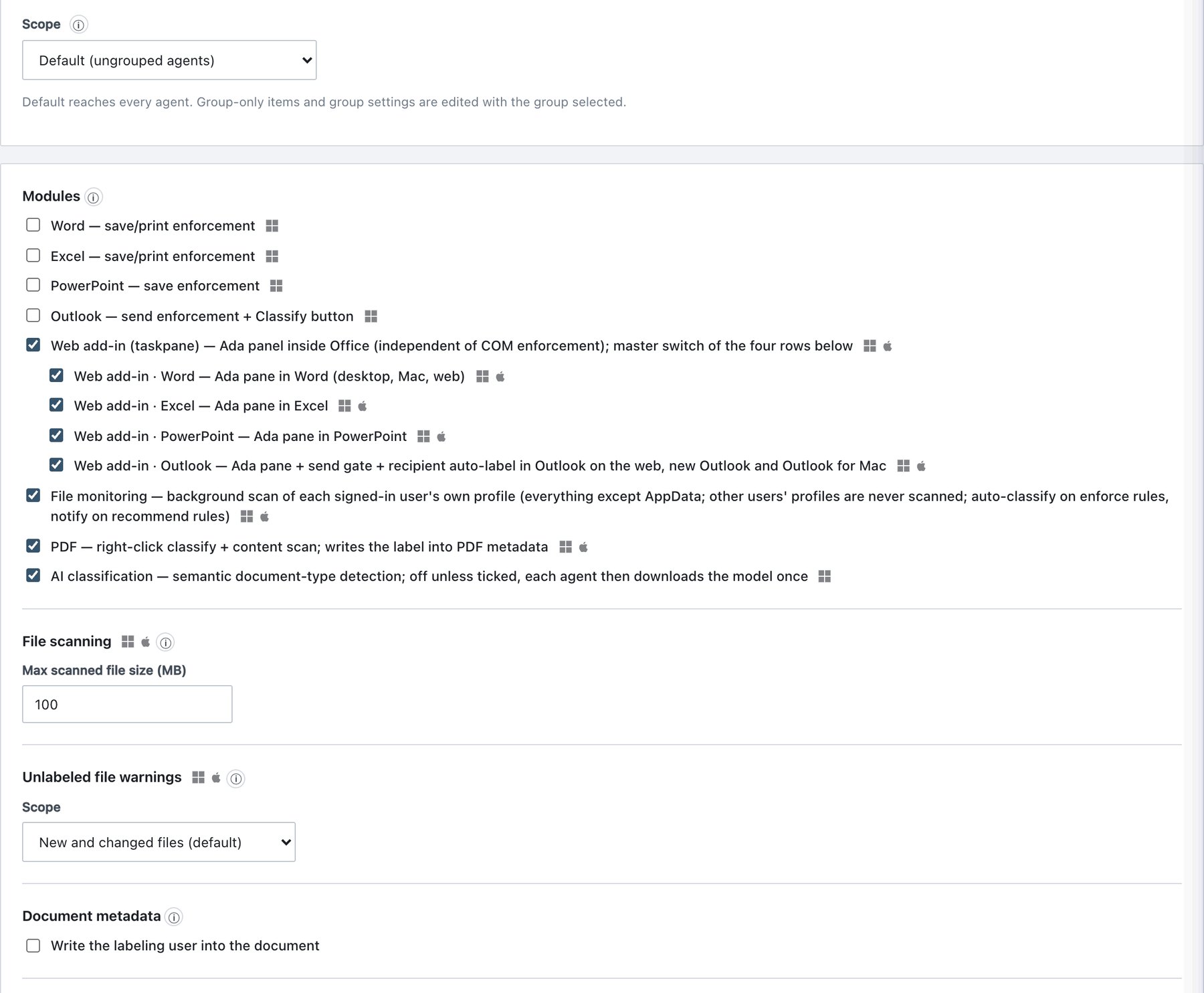 Policy → Rules → Agent Rules, first part: modules, file scanning, unlabeled warnings, document metadata.