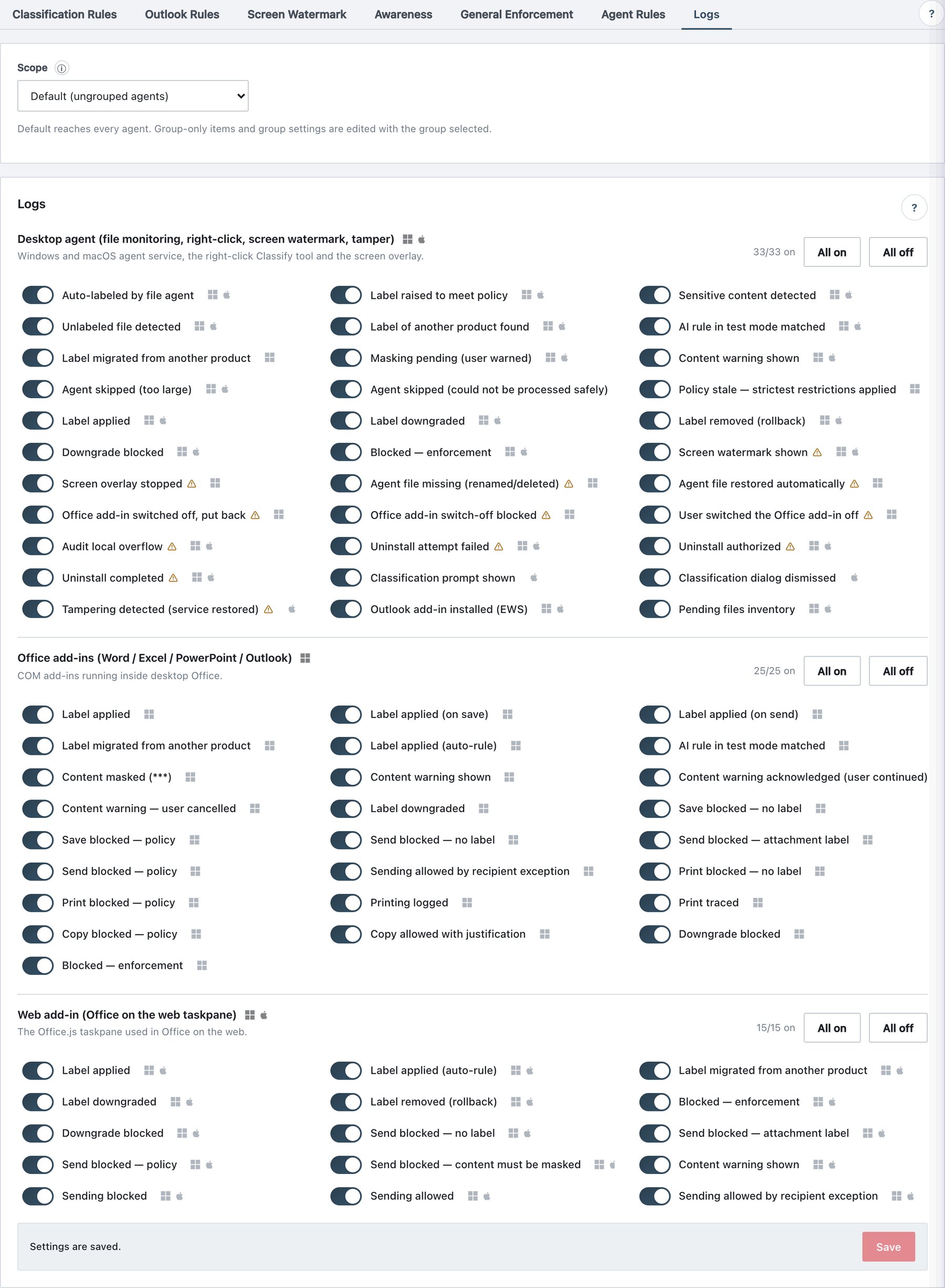 Policy → Rules → Logs: which client events are sent to the server.
