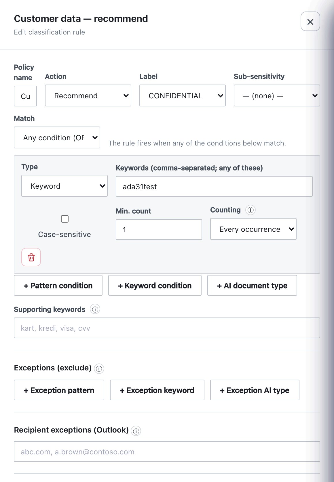 Rule drawer: action, label, match mode, conditions and exceptions.