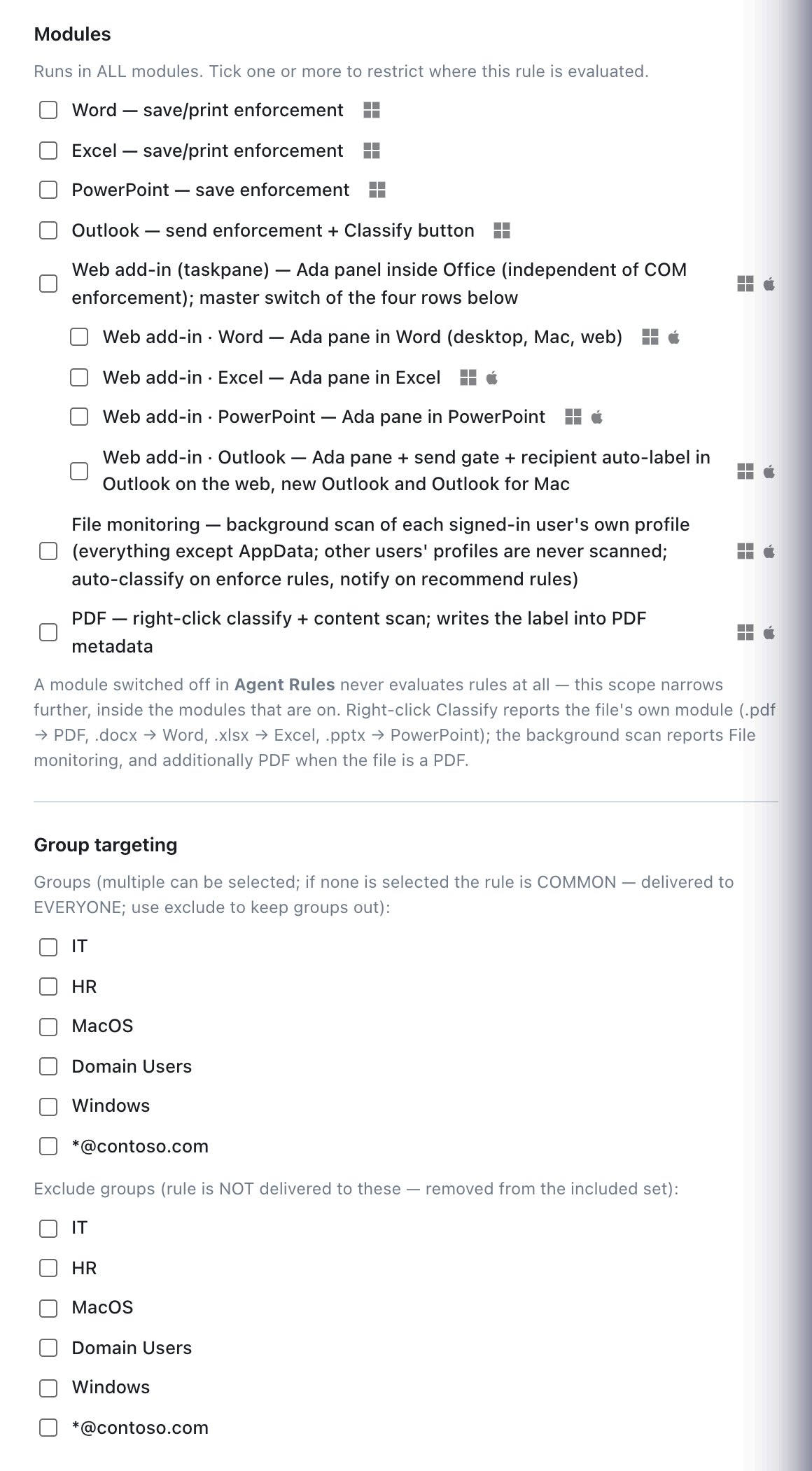 Rule drawer: modules and group targeting.