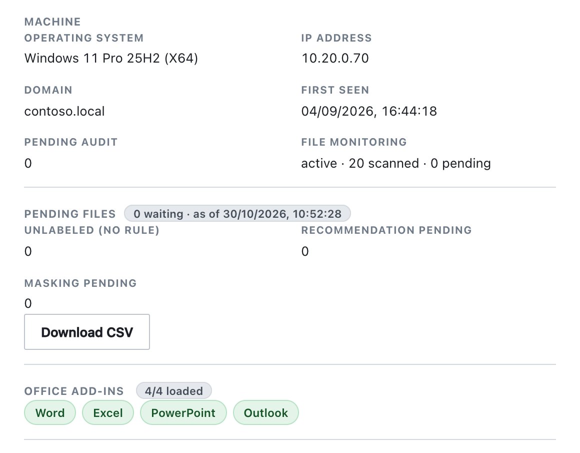 Agent drawer: machine details, file monitoring and Office add-ins.