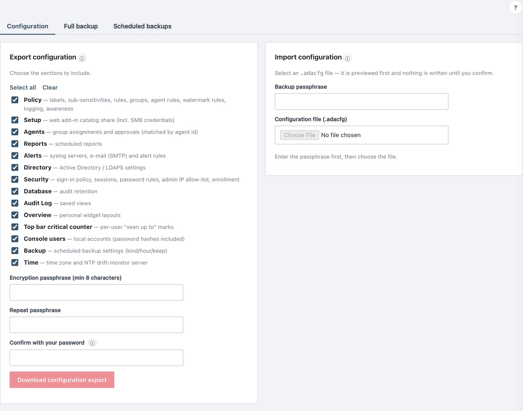 Backup → Configuration: export and import.